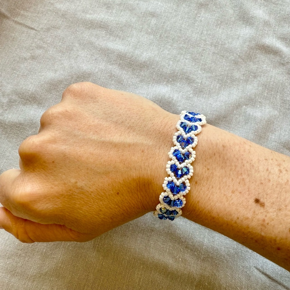 Hand-beaded Blue and White Crystal and Pearl Heart Bracelet